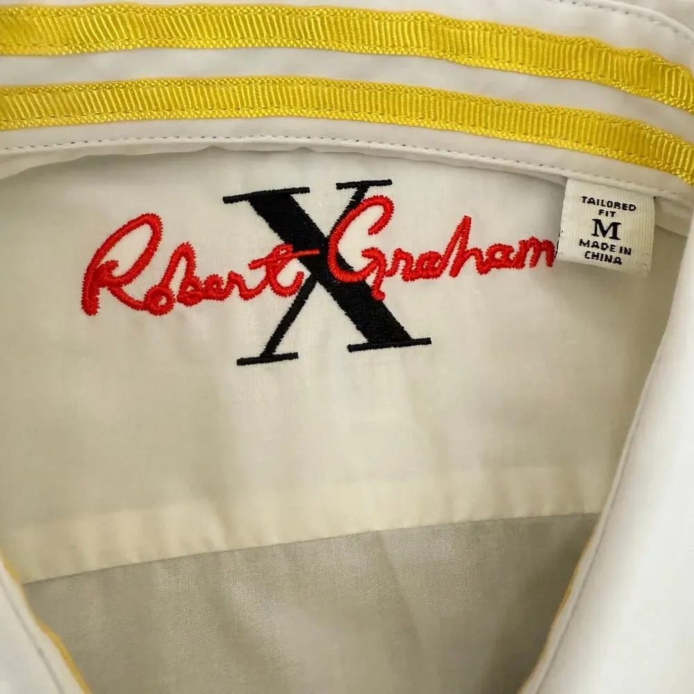 Robert Graham Button Front Short Sleeve Shirt White Sporty Technical Stripe  M